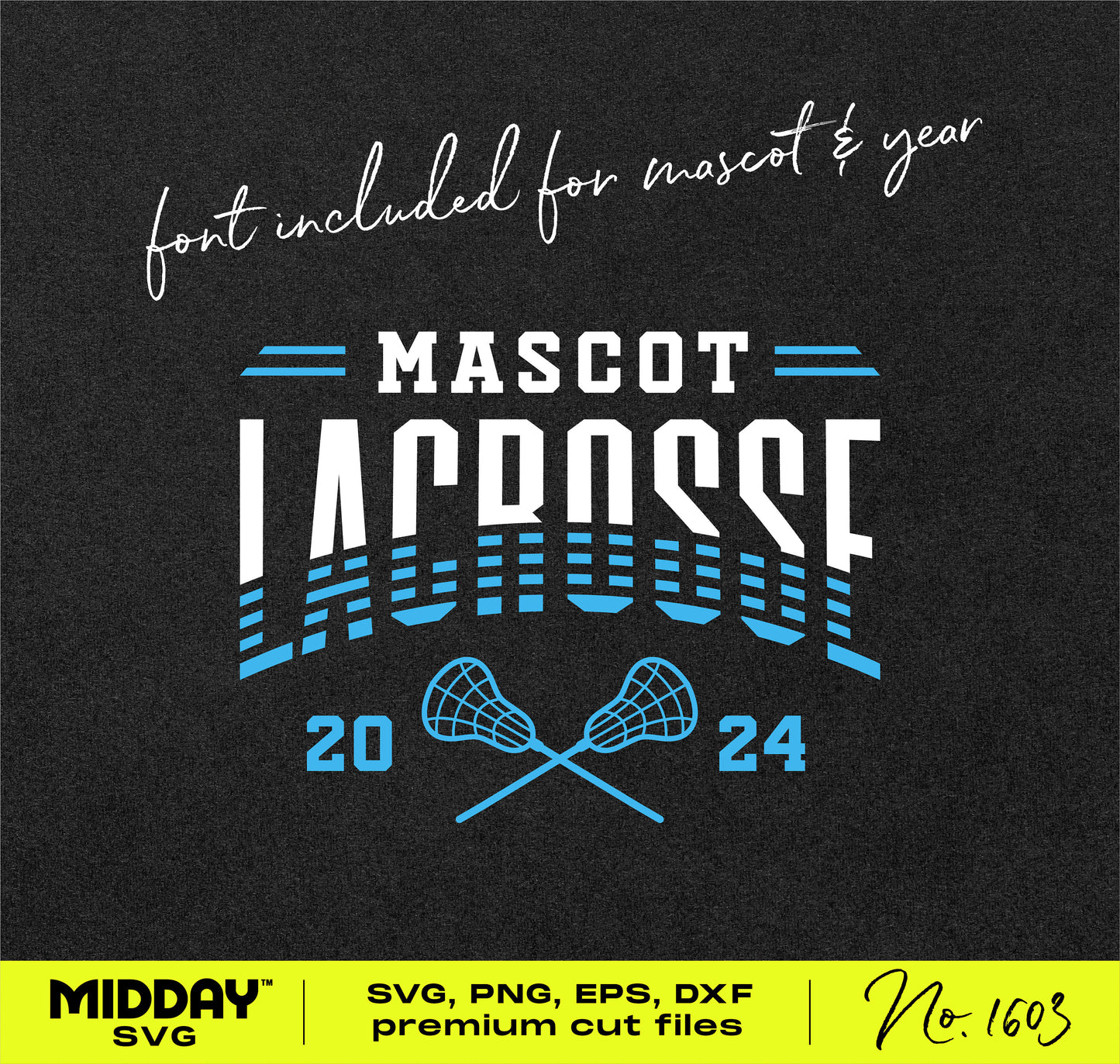 Customizable striped lacrosse SVG design with 2024 text, featuring bold fonts and lacrosse sticks, ideal for team gear and merchandise.