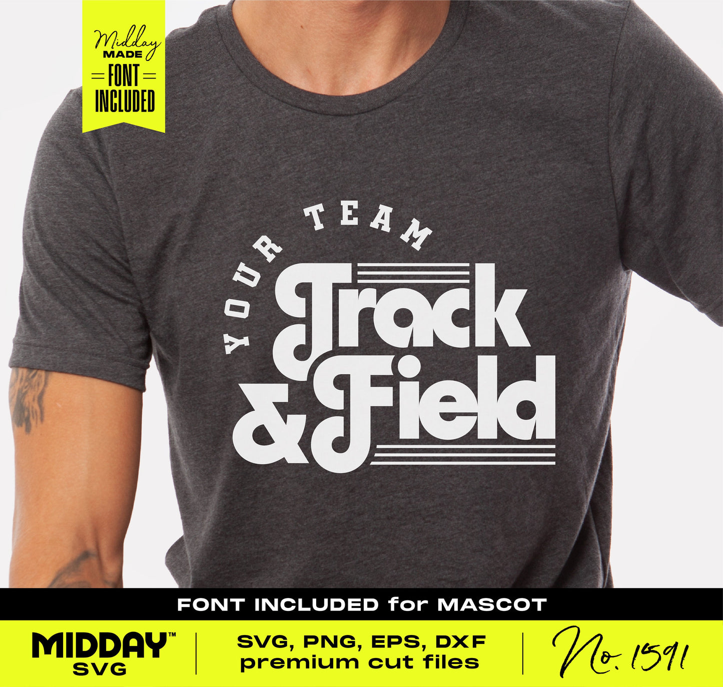 "Your Team Track & Field graphic on a grey t-shirt, designed for customization with SVG, PNG formats. Ideal for sporty apparel."