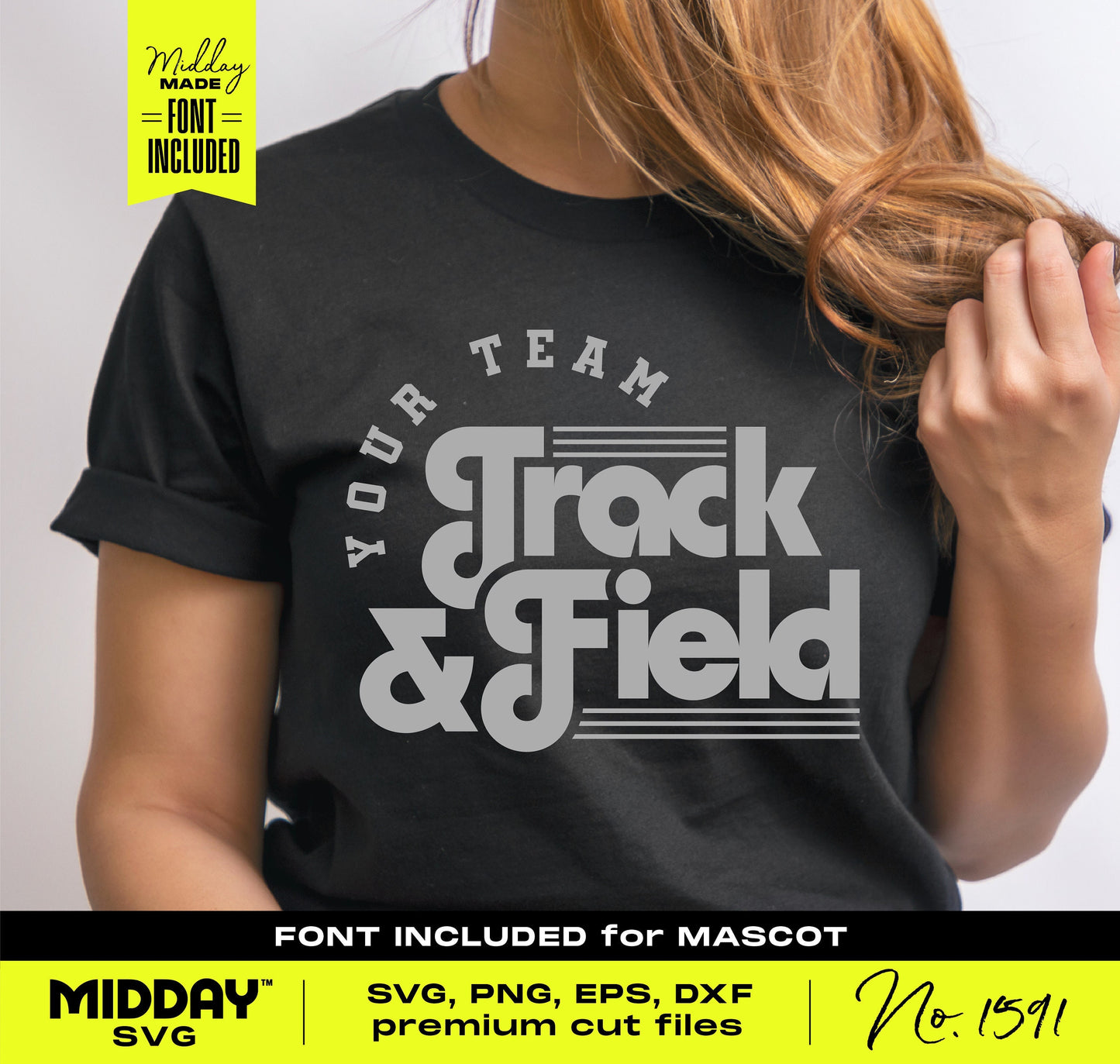 Sporty Track and Field graphic on black shirt, featuring bold text and customizable design in SVG and PNG formats for athletes and fans.