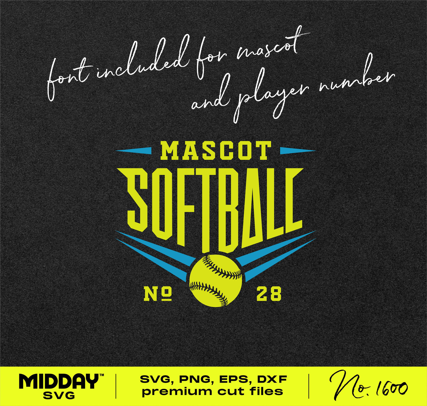 Dynamic softball SVG design with mascot, softball, and jersey number; ideal for personalized team gear and merchandise crafting.