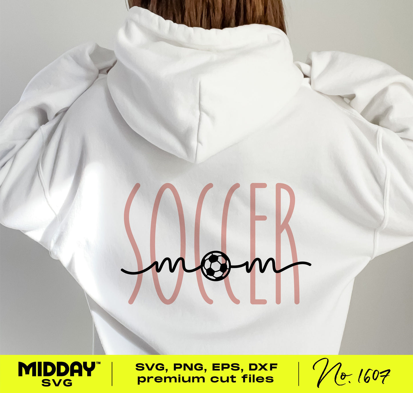 "Soccer mom SVG design on white hoodie, featuring stylish lettering and soccer ball illustration."