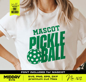 Person wearing a white t-shirt with a green 'Mascot Pickleball' design featuring a pickleball image. Includes SVG, PNG, EPS, DXF formats for crafts.