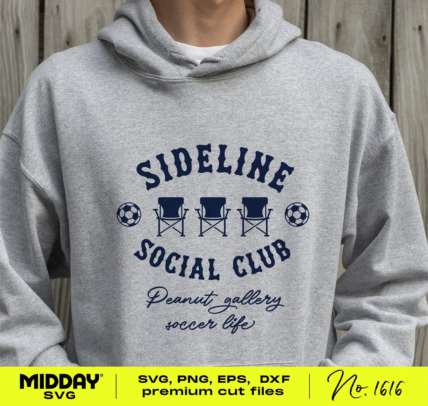Gray hoodie featuring 'Sideline Social Club' funny soccer SVG design with chairs and soccer balls, ideal for soccer enthusiasts.