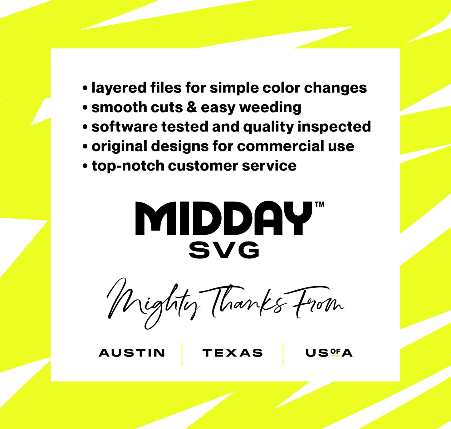 Midday SVG graphic highlighting product features like simple color changes, easy weeding, quality inspection, and customer service.