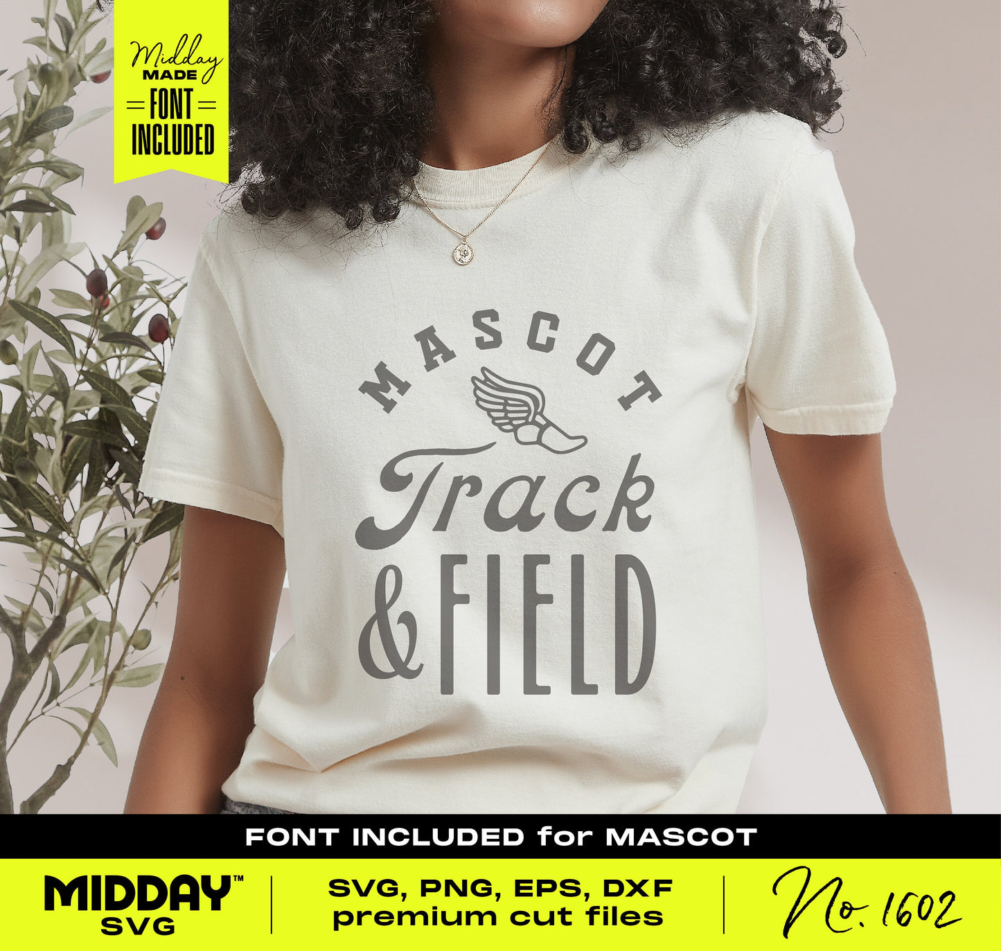 Person wearing a t-shirt with 'Mascot Track & Field' design, available in SVG, PNG, EPS, DXF formats for crafting and design.
