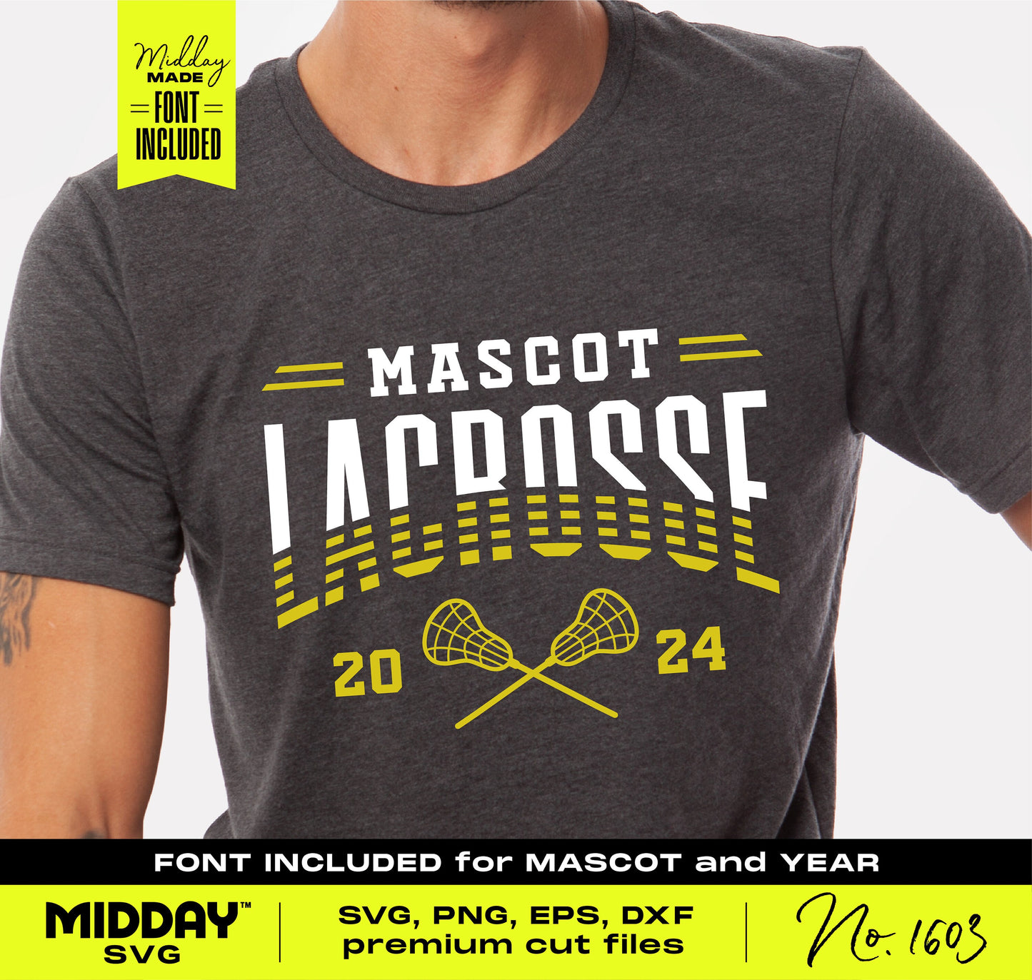Customizable lacrosse team SVG design on gray shirt with bold stripes and crossed sticks, ideal for team apparel and merchandise.