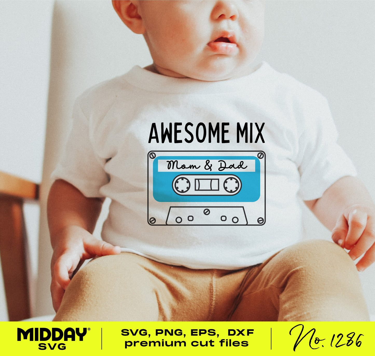 Baby wearing a t-shirt with a cute mix tape design and 'Awesome Mix' text, perfect for toddler crafts and nursery decor.
