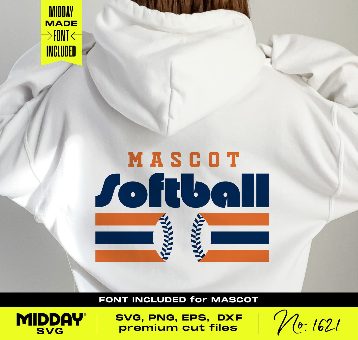 White hoodie featuring trendy geometric softball design with 'Mascot Softball' print, ideal for 70s-inspired DIY projects and apparel.