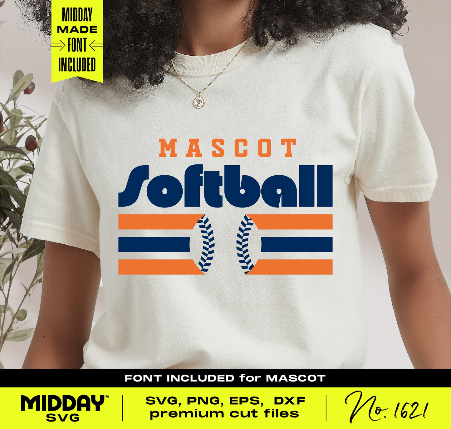 Woman wearing a white t-shirt featuring a vintage-style softball graphic in orange and navy, perfect for sports enthusiasts and DIY projects.