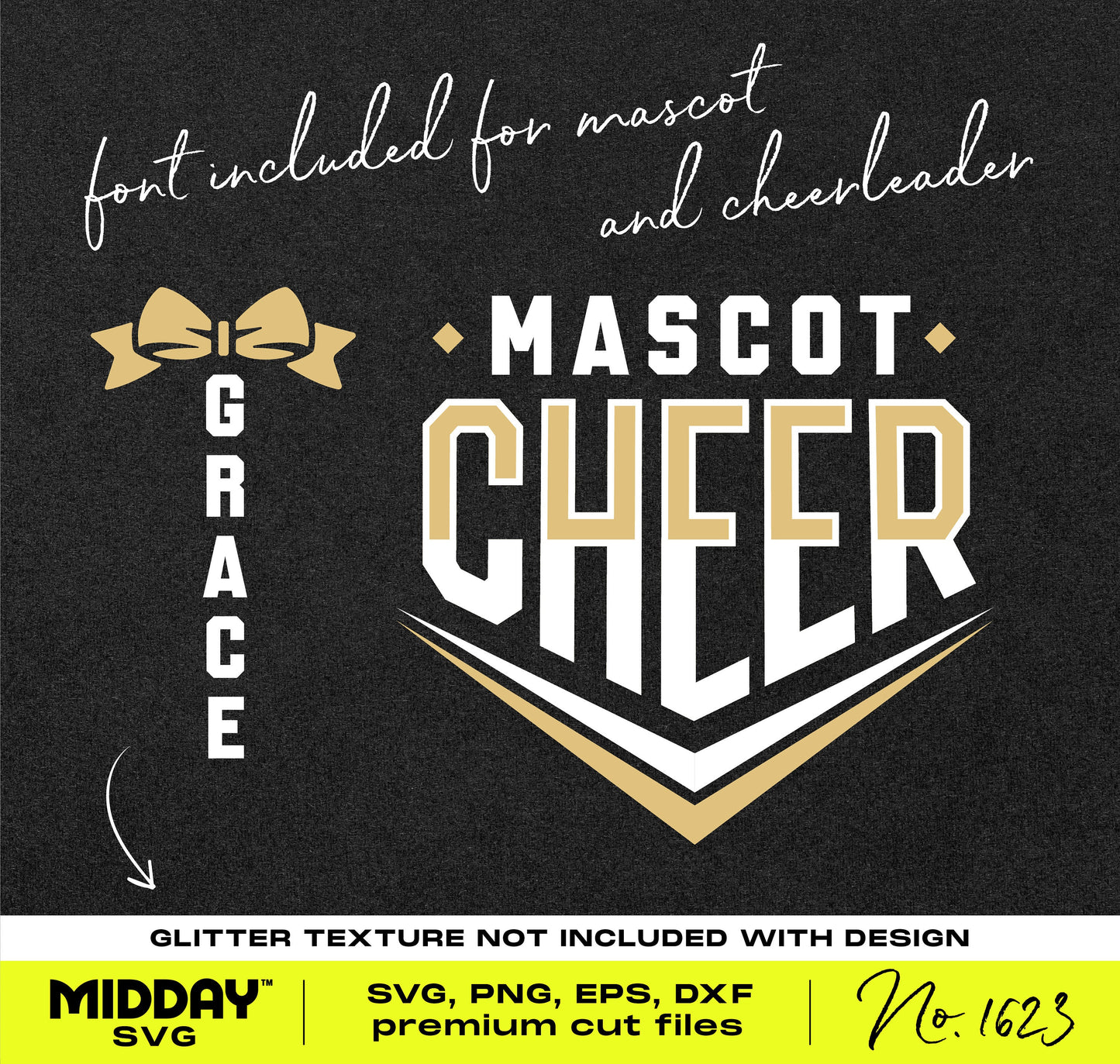 Cheer Team Template SVG with bold typography and cheerleading graphics for crafts like t-shirts and tote bags. Font included. No glitter.