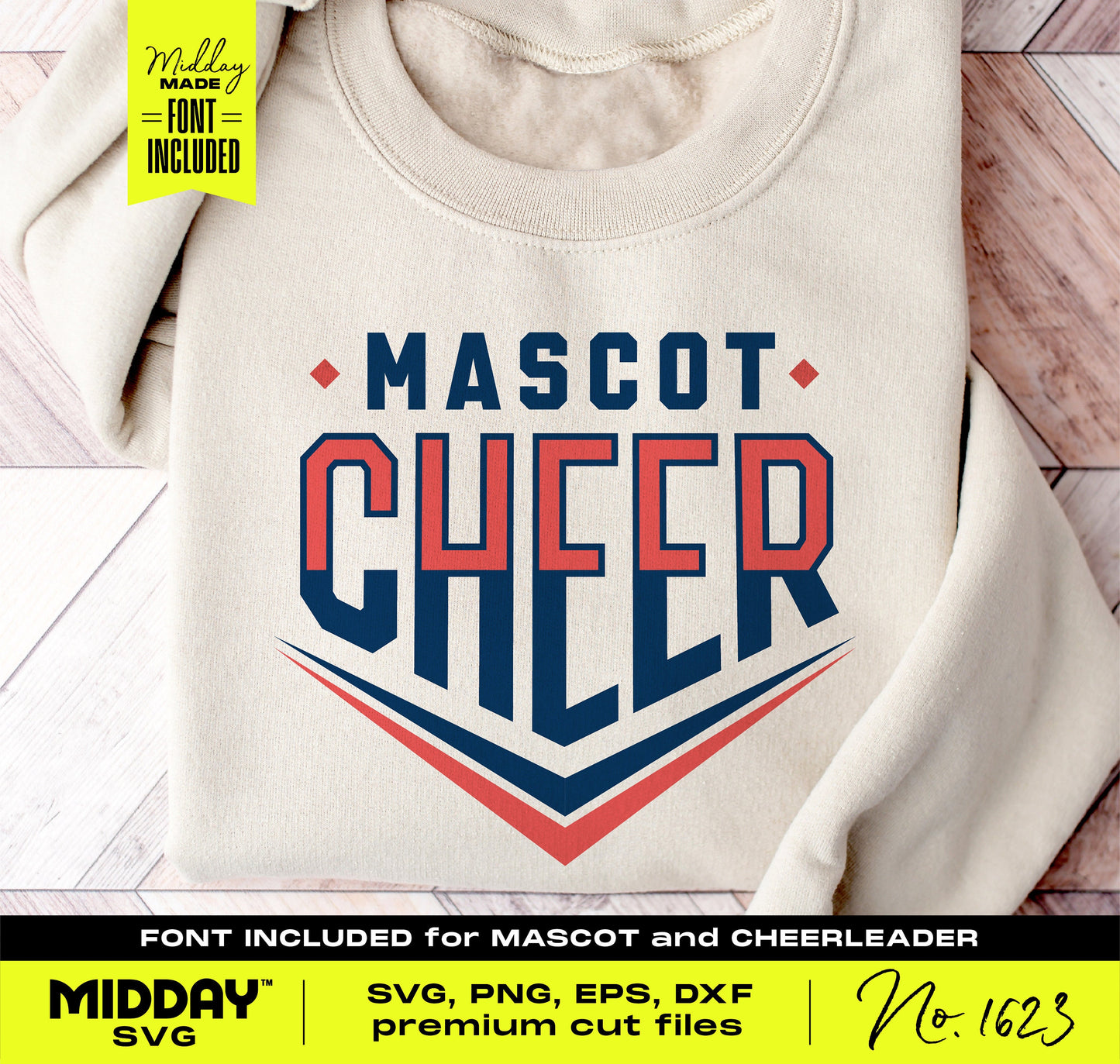 Bold Cheer Team Template SVG on beige sweatshirt, featuring eye-catching typography and graphics for cheerleading crafts.