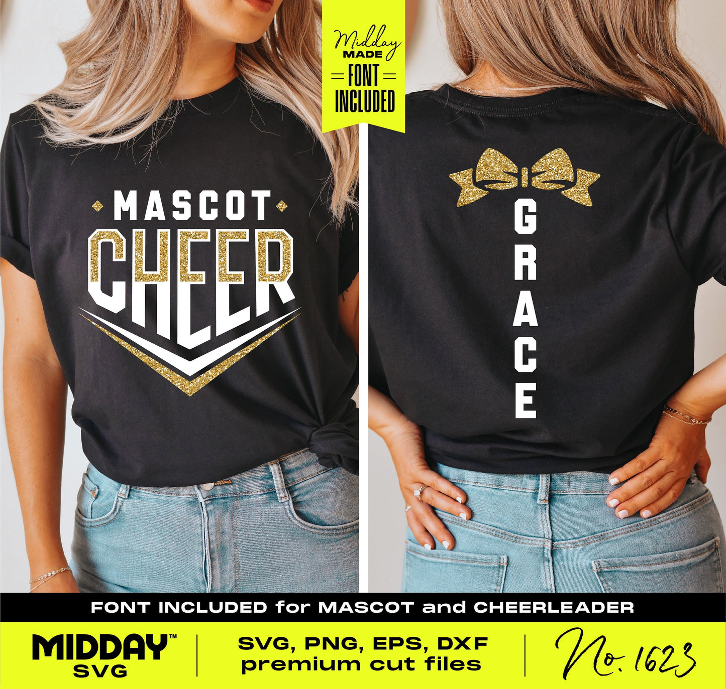 Bold cheer team SVG template on black t-shirt featuring mascot text and customizable cheerleader name design with font included.