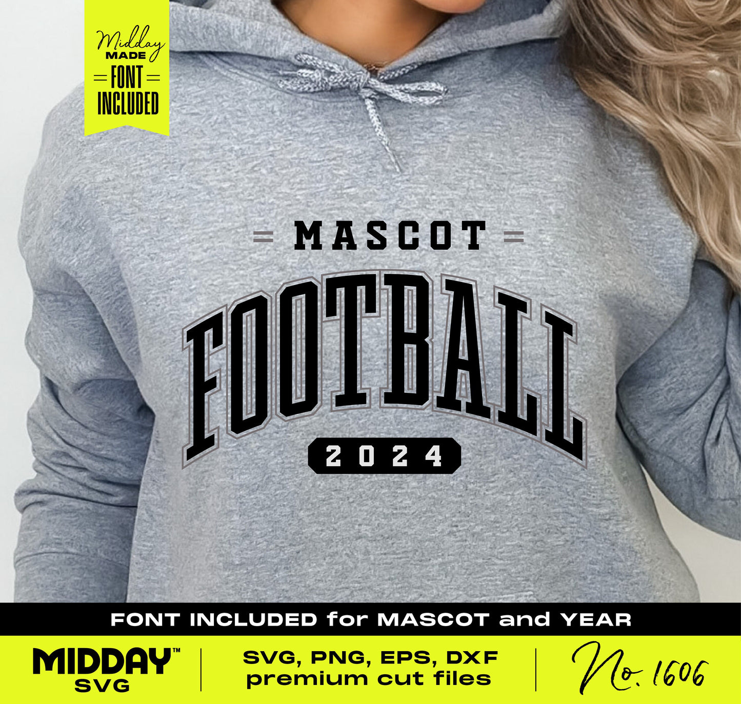 Person wearing hoodie with customizable collegiate football design and bold font for mascot and year, promoting school pride crafting SVG.