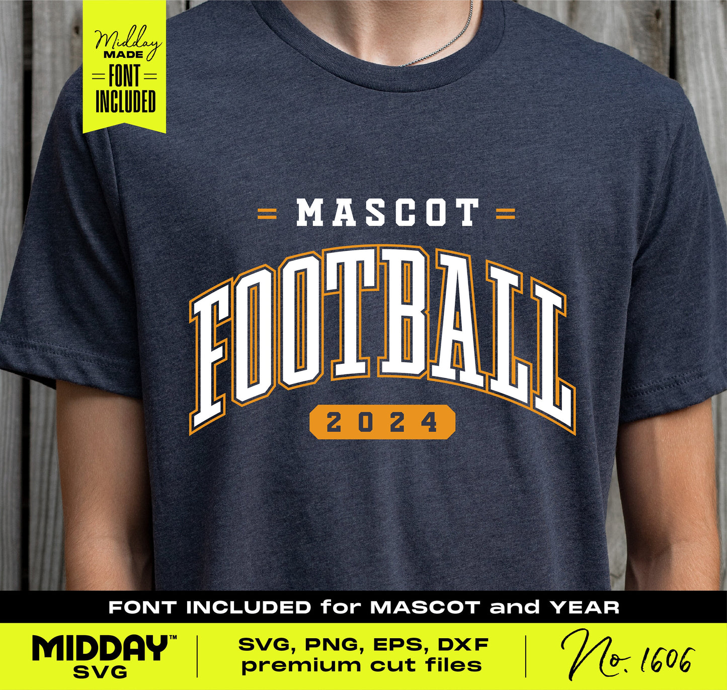 Customizable collegiate style football SVG design on navy shirt with bold 2024 font for mascot and year, ideal for spirit wear crafting.