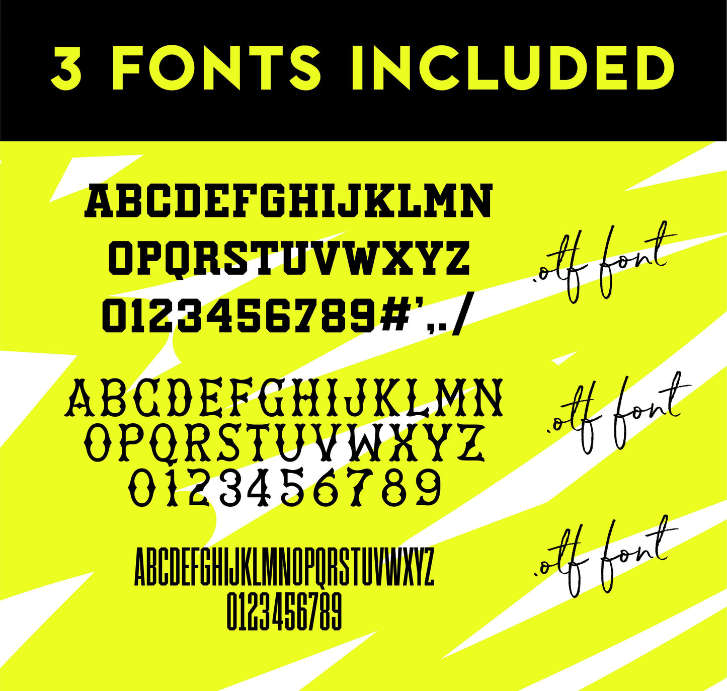 Image showcasing three stylish font designs included on a vibrant yellow background, featuring bold letters and numbers.