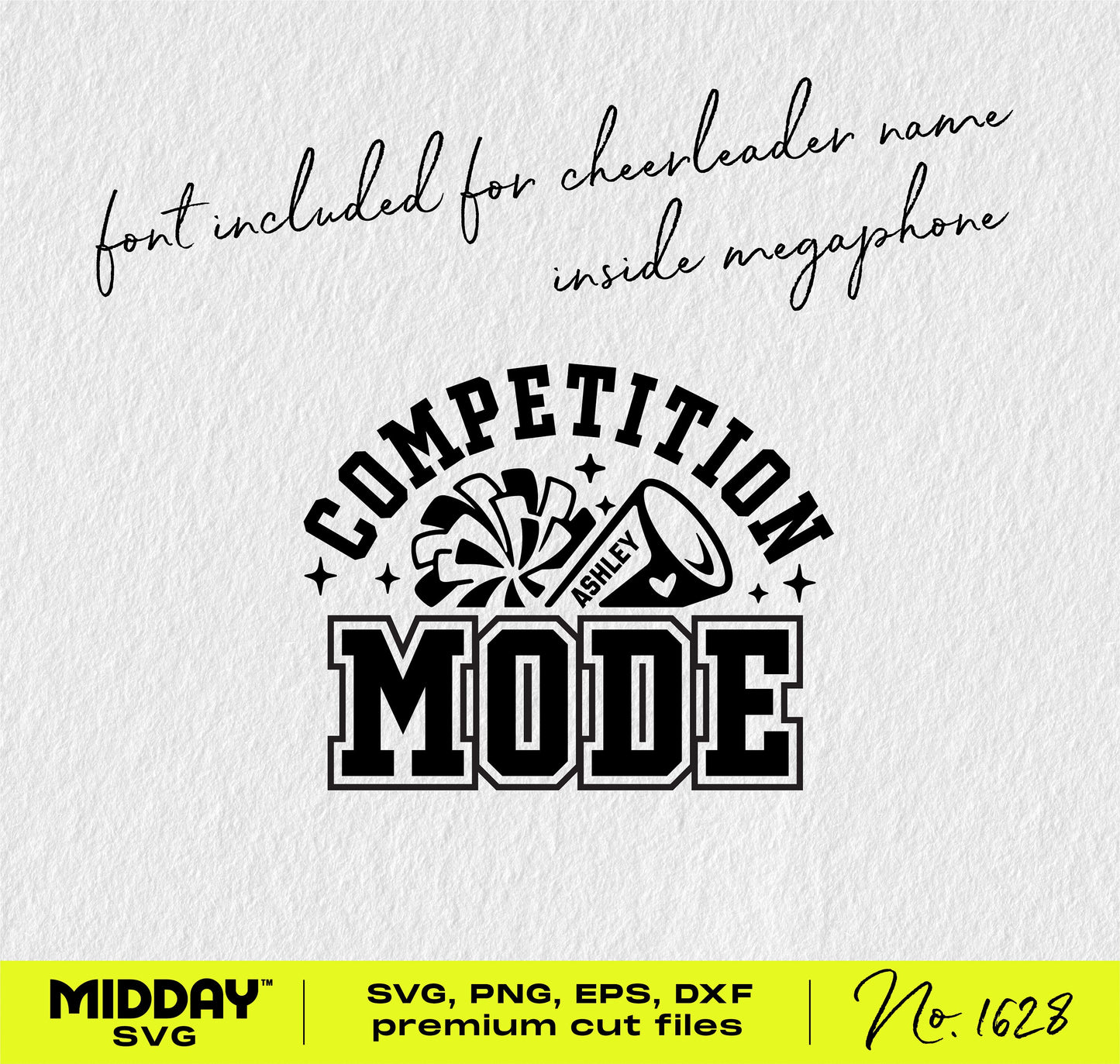 Competition Mode Cheerleader SVG design with collegiate typography, pom-poms, and megaphone for shirts and accessories.
