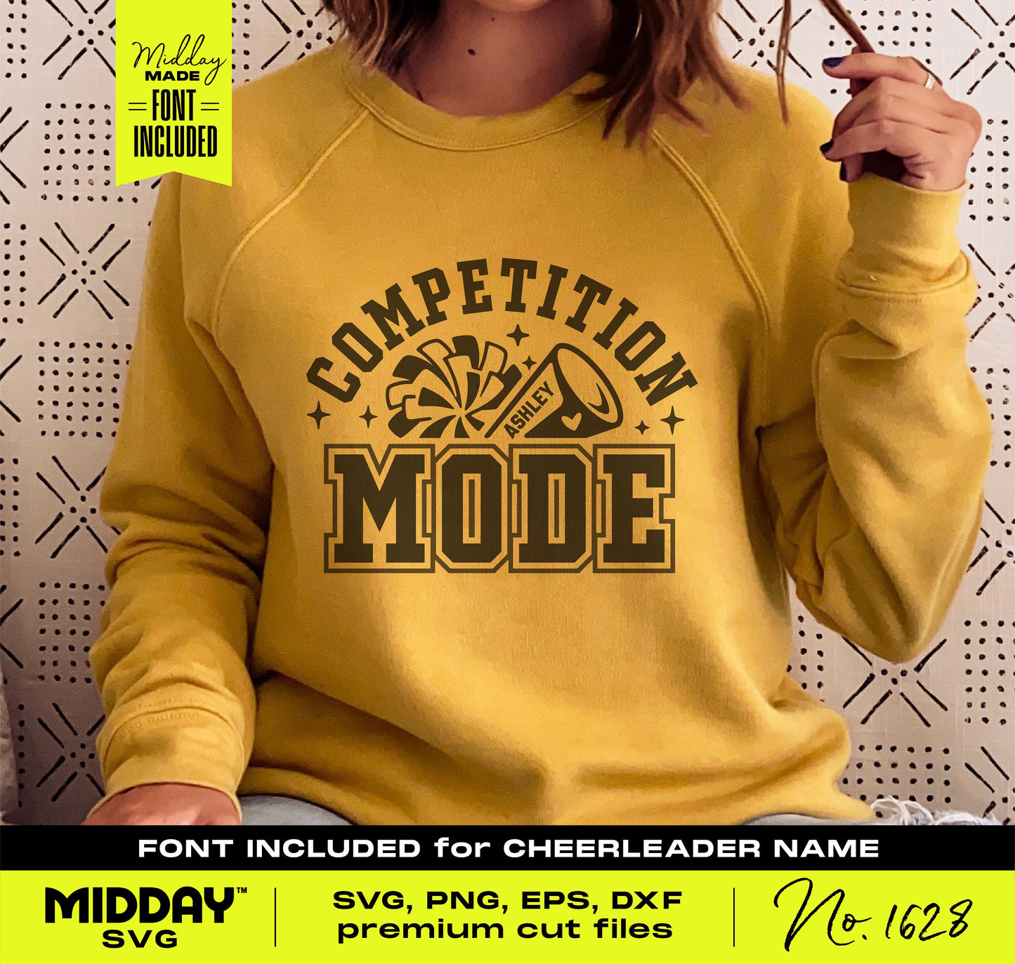 Yellow sweatshirt featuring 'Competition Mode' cheerleader SVG design with collegiate typography, pom-pom, and megaphone.