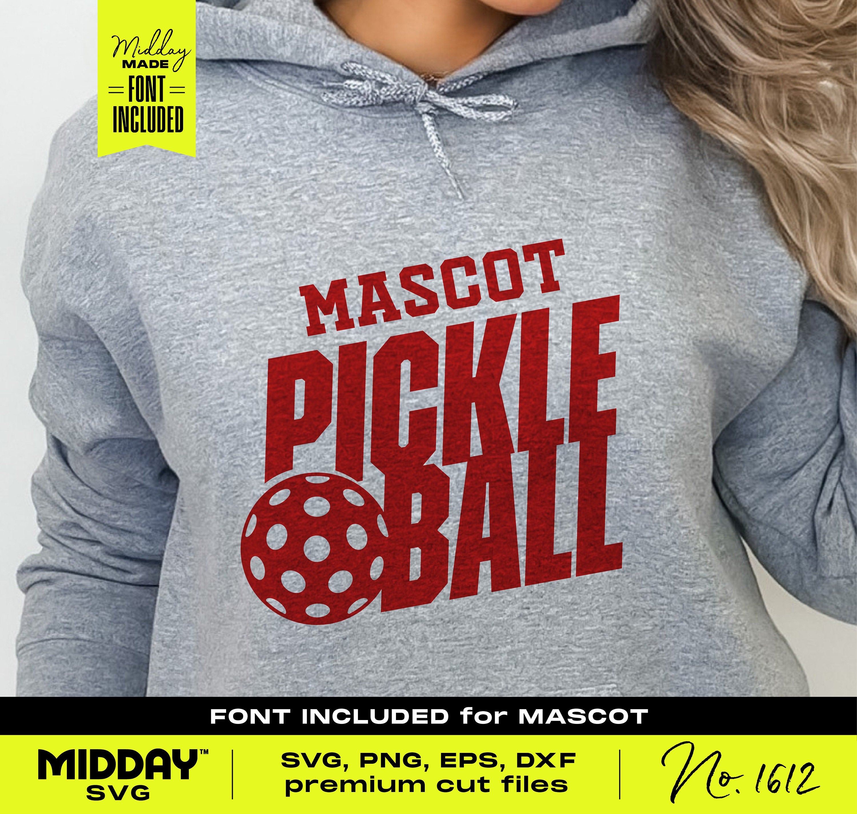 Gray sweatshirt with 'Mascot Pickleball' design in red font, featuring a pickleball graphic. SVG, PNG, EPS, DXF formats included.