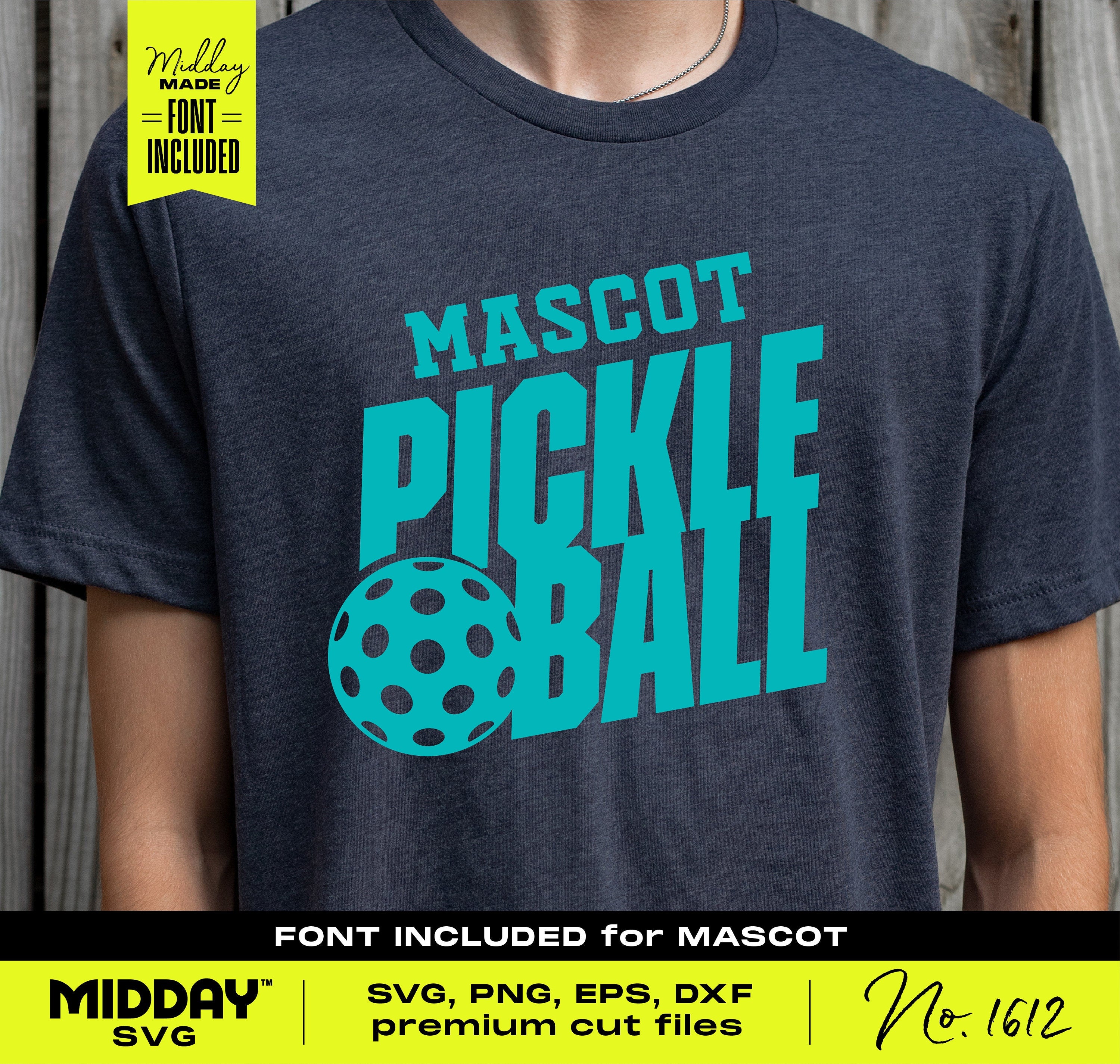 "Mascot Pickleball SVG design on a dark gray shirt featuring teal text and graphics, suitable for Cricut and Silhouette cutting machines."