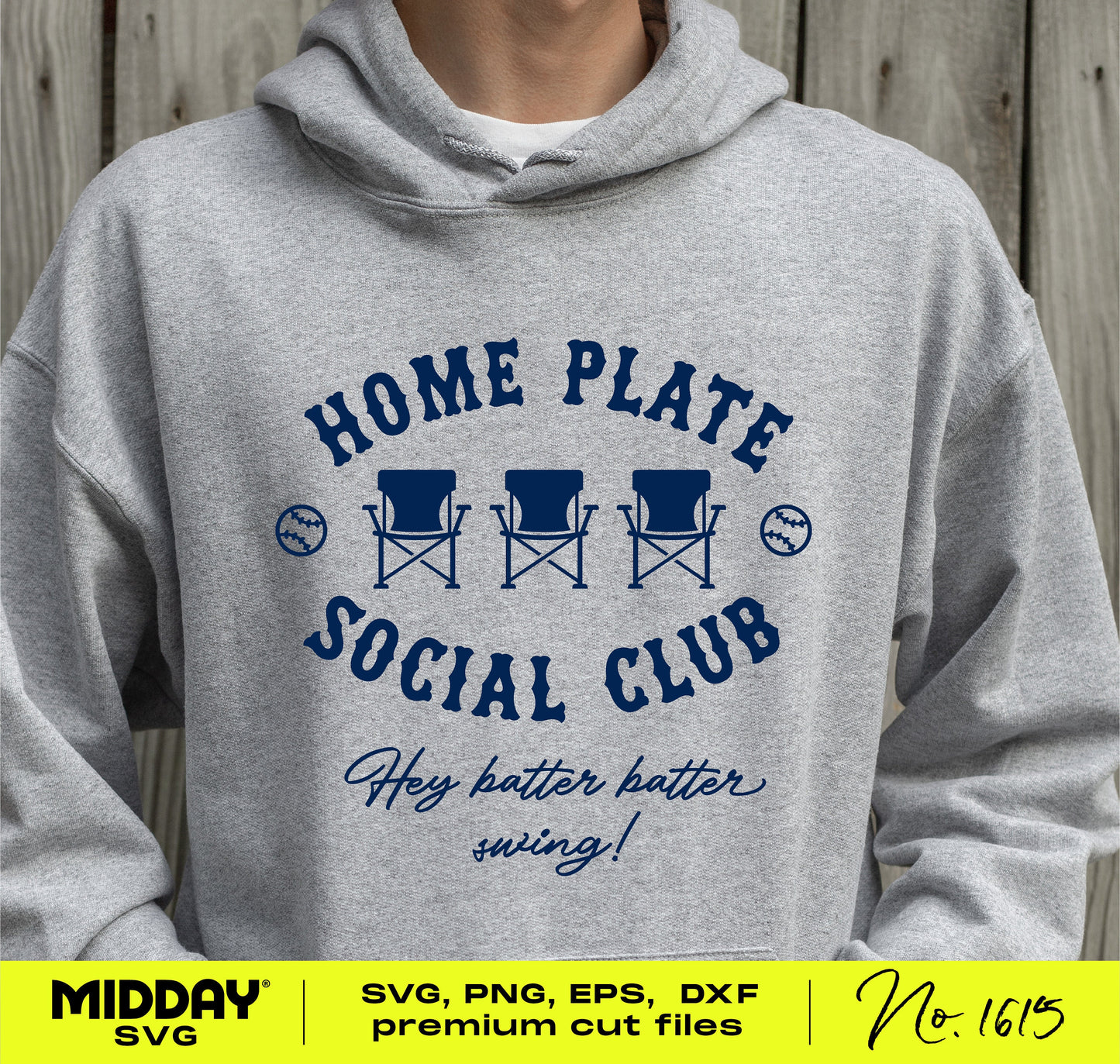 Gray hoodie featuring the "Home Plate Social Club" design with baseball chairs graphic, SVG download for crafting and apparel.