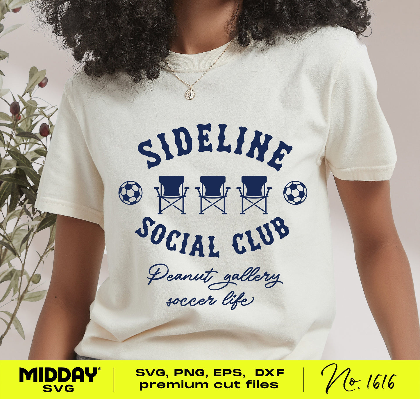 Person wearing t-shirt with 'Sideline Social Club' text and soccer graphics, perfect for soccer enthusiasts. Available as SVG file.