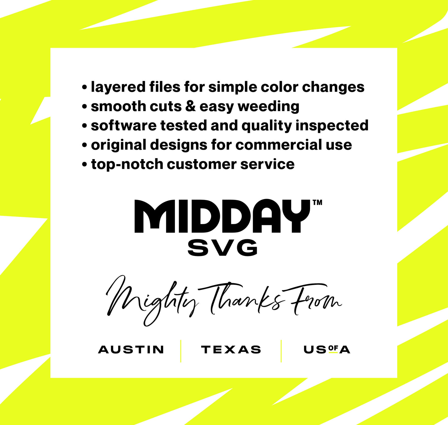 Midday SVG promotional graphic highlighting features like layered files, easy weeding, and commercial use, based in Austin, Texas, USA.
