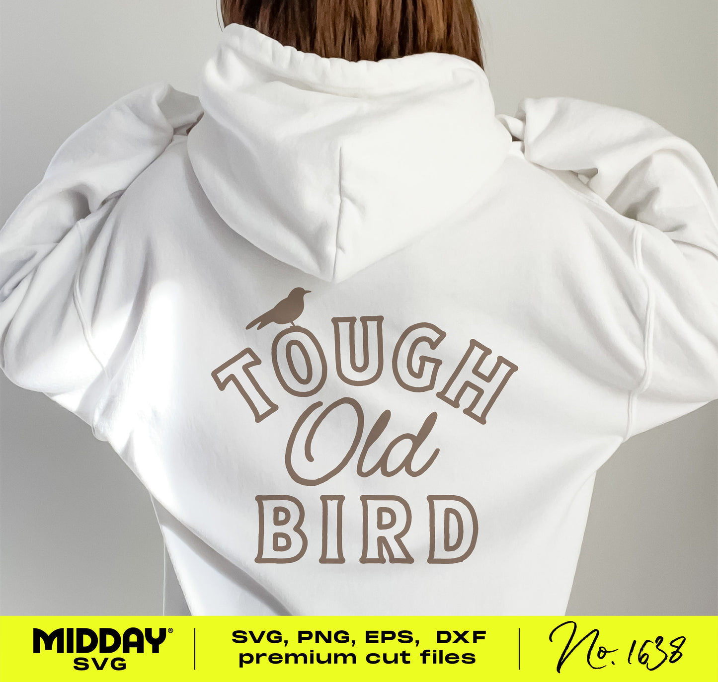 Woman wearing white hoodie with Tough Old Bird design for crafting projects