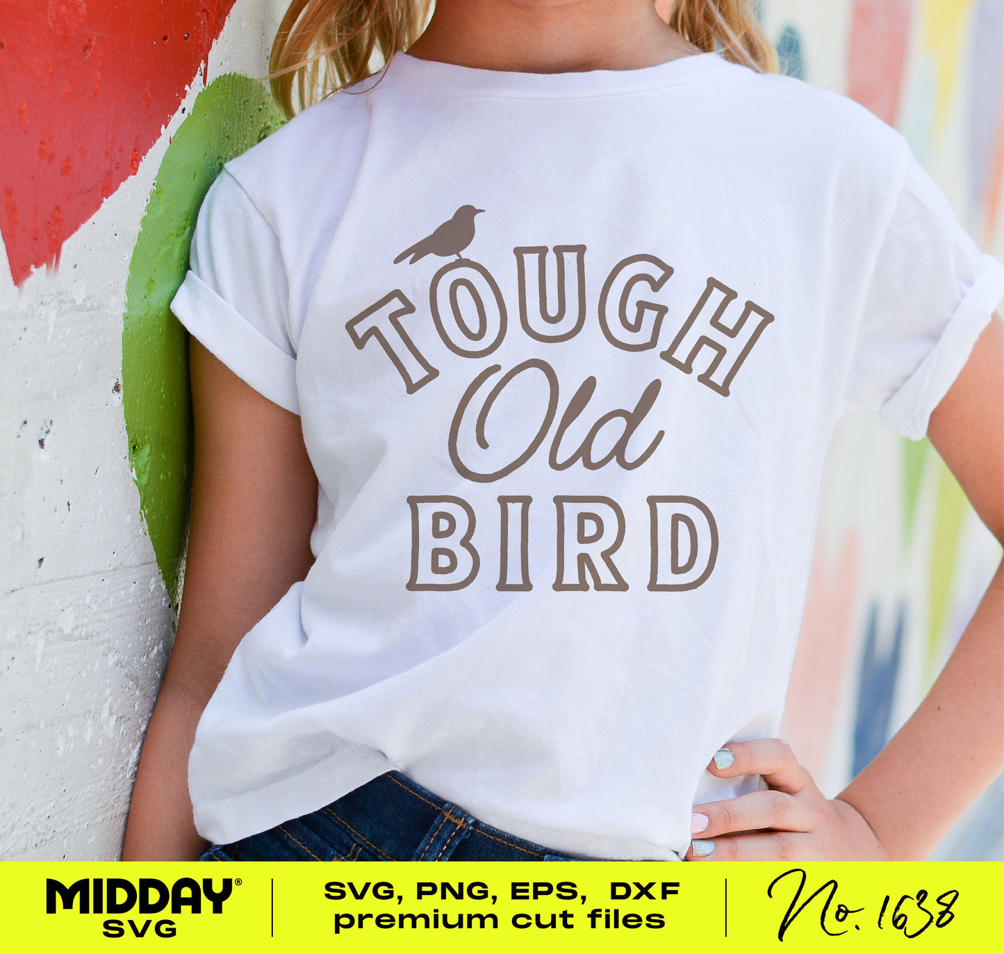 Woman wearing a white t-shirt with 'Tough Old Bird' design, showcasing strength and resilience. Perfect for DIY crafts and motivational projects.