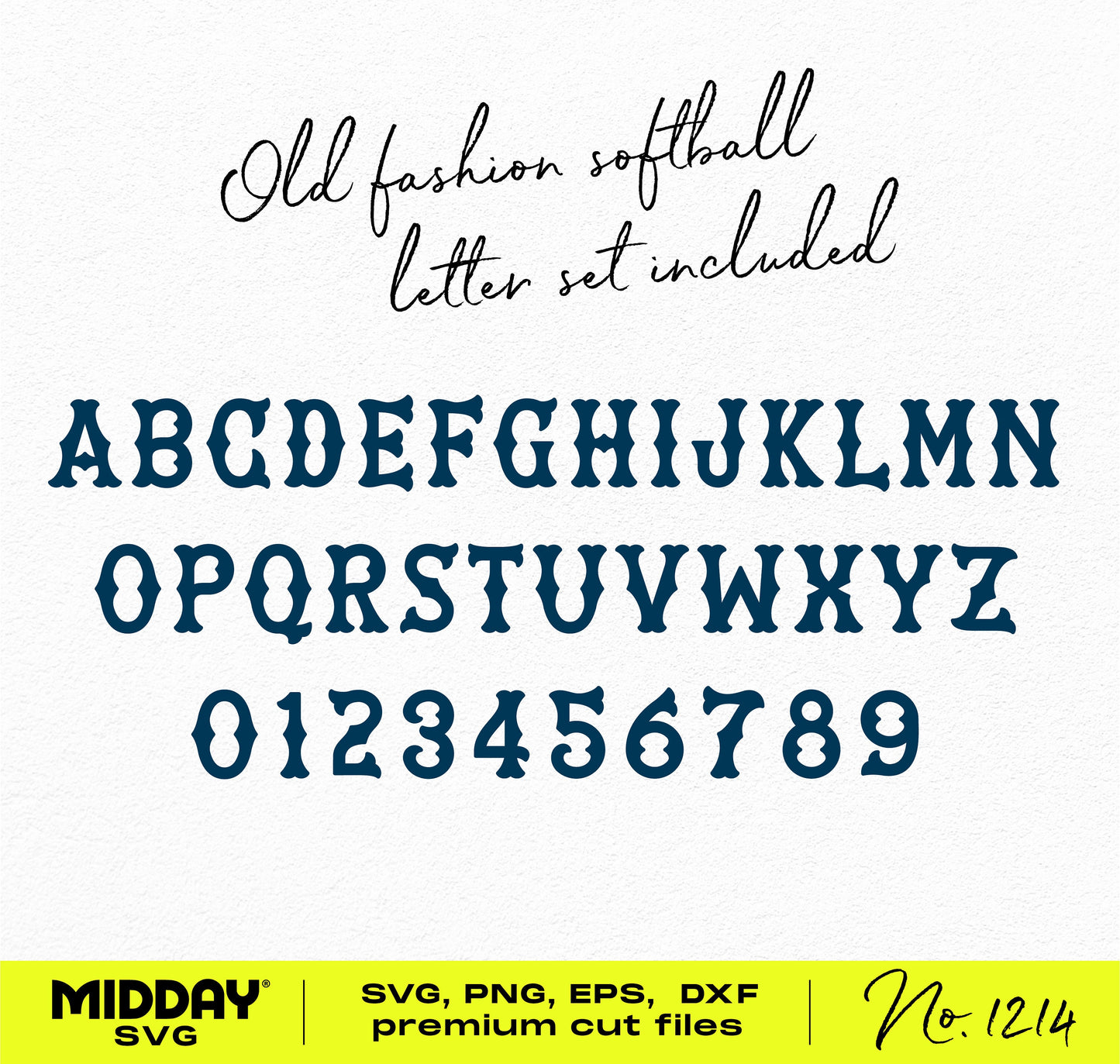 Old-fashioned softball letter font set in SVG, PNG, EPS, DXF formats for DIY team logos and designs with numbers 0-9.