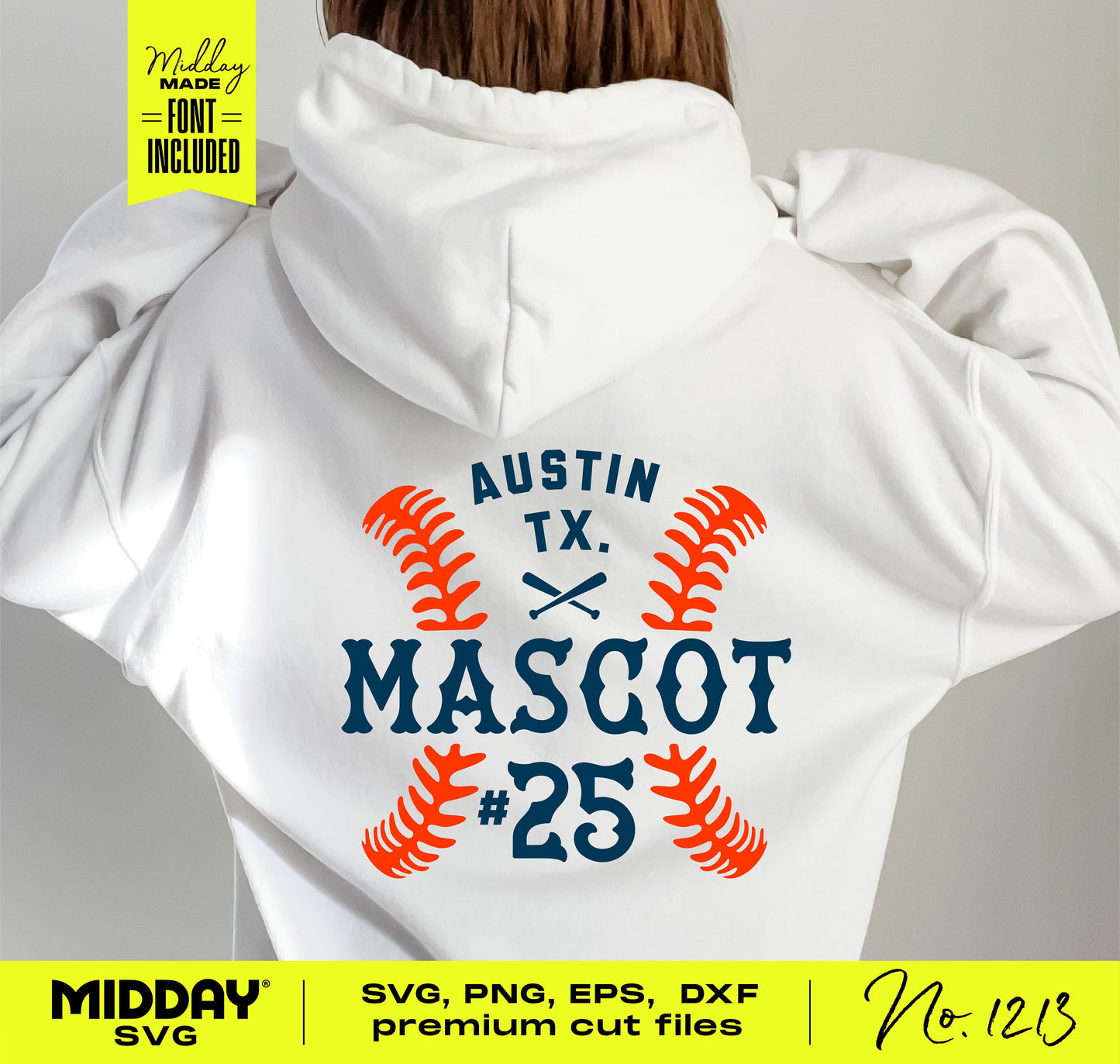 Hoodie featuring customizable baseball team logo with SVG files, Austin TX mascot design and number 25, suitable for Cricut projects.