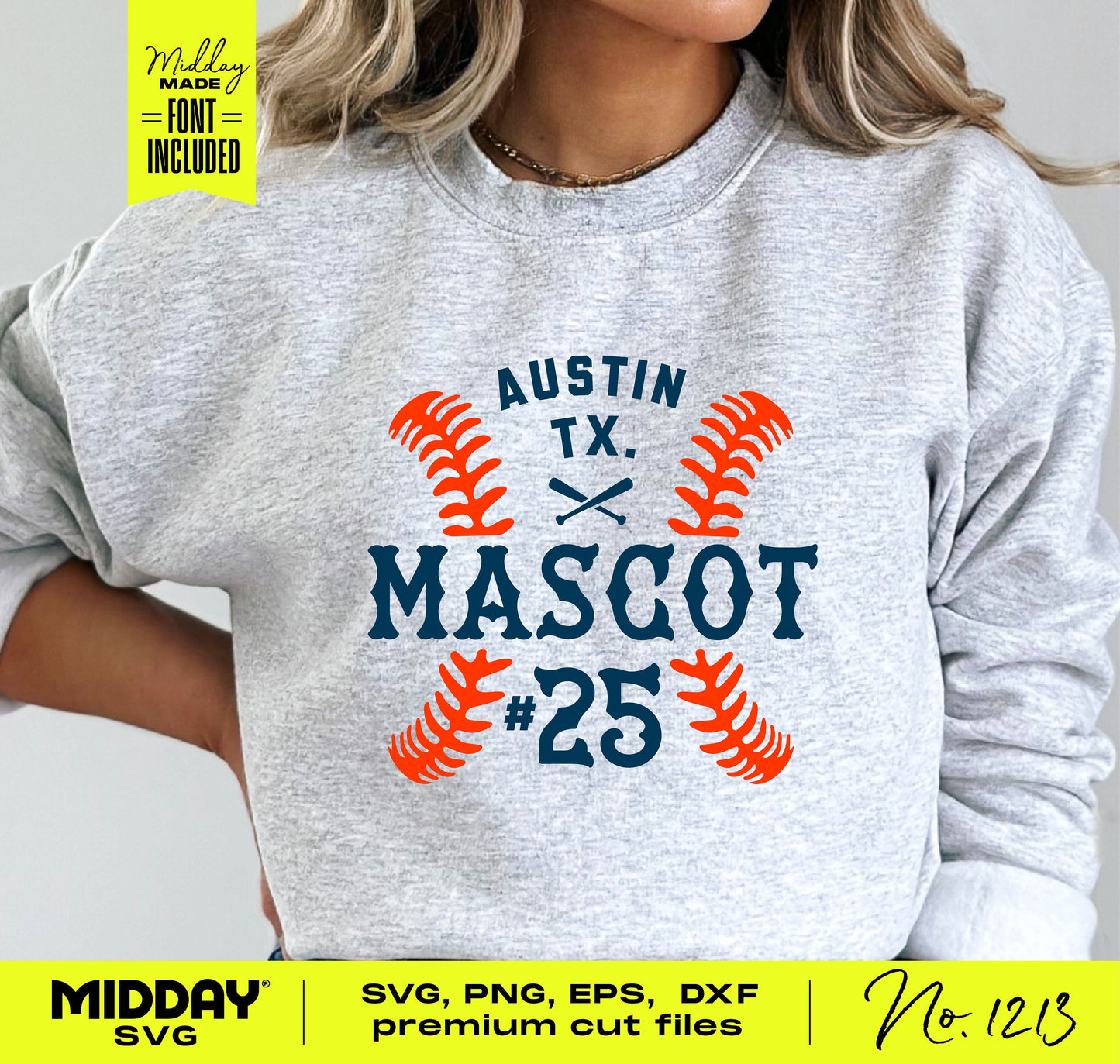 Person wearing a grey sweatshirt with custom baseball team design featuring 'Austin TX Mascot #25', SVG file for Cricut and crafting.
