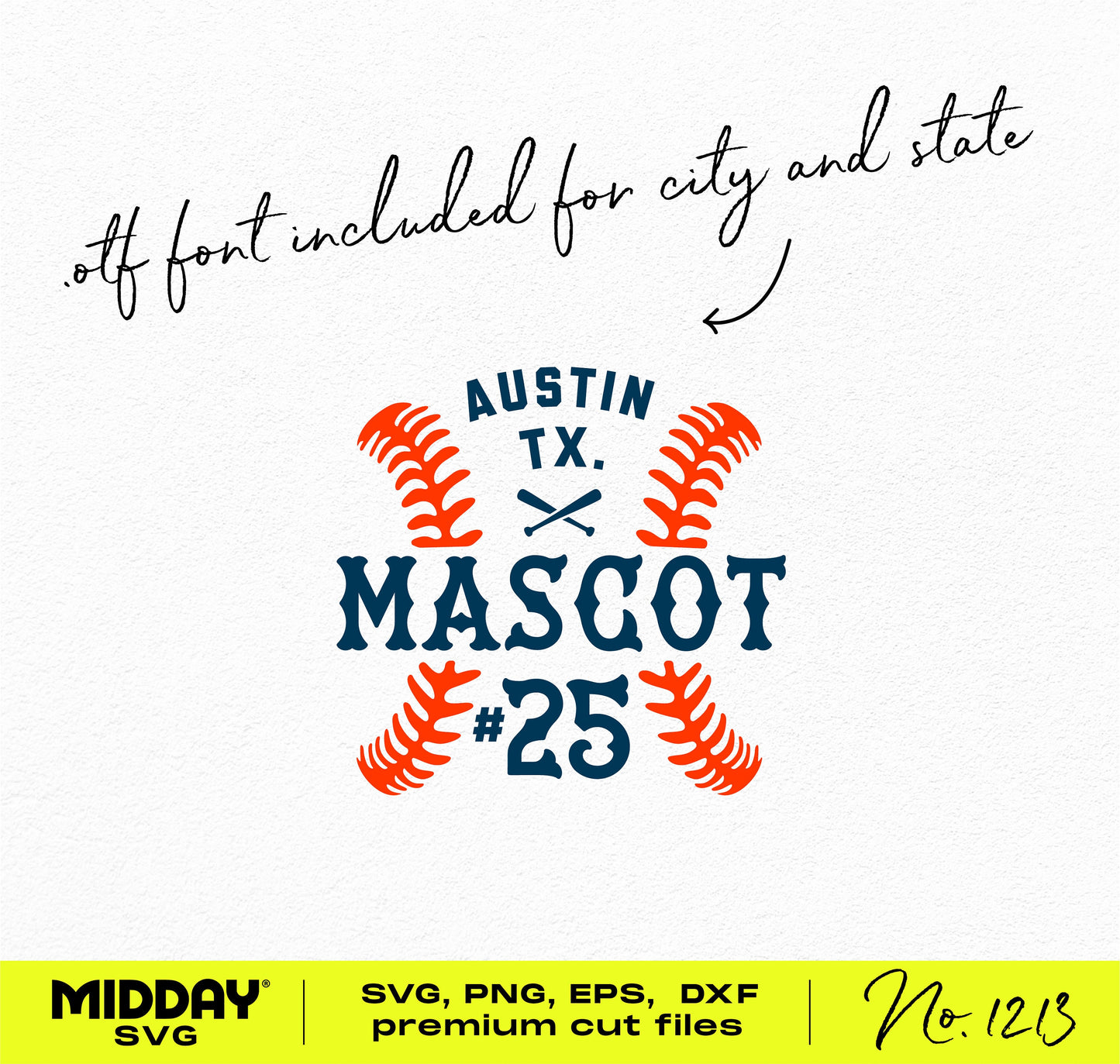 Baseball team template with "Austin TX Mascot #25" design in SVG, PNG, EPS, DXF formats. Includes city and state font option.