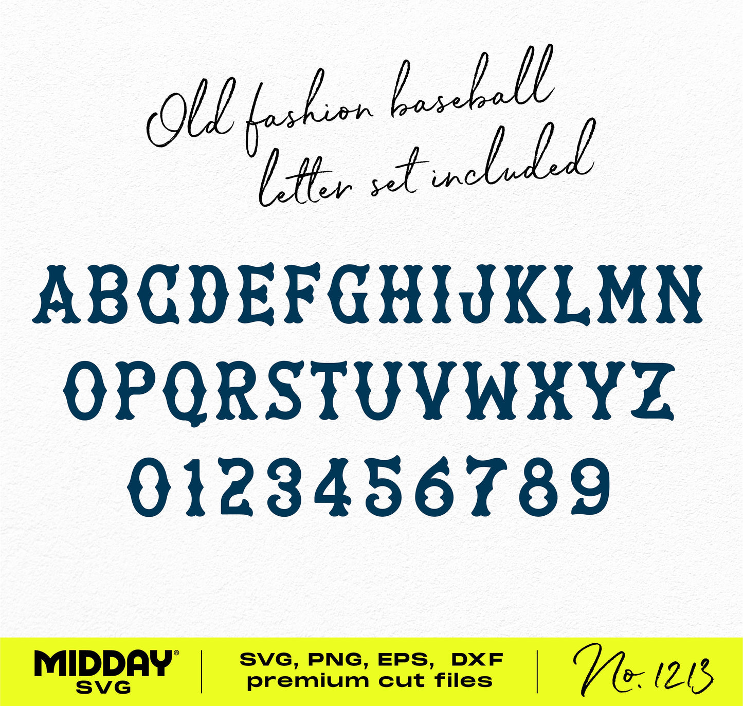 Vintage baseball letter and number set in SVG, PNG, EPS, DXF formats for Cricut, featuring uppercase alphabet and numerals.