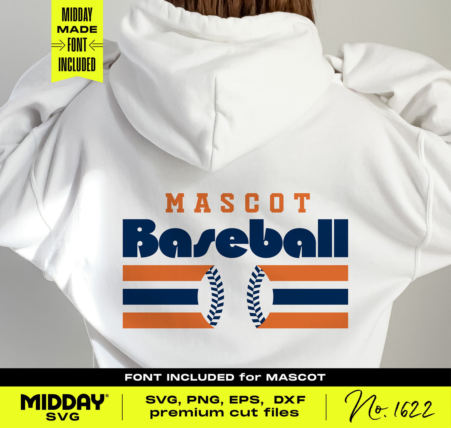 White hoodie featuring modern geometric baseball SVG design with bold 1970s style typeface and stripes, ideal for crafts and DIY.