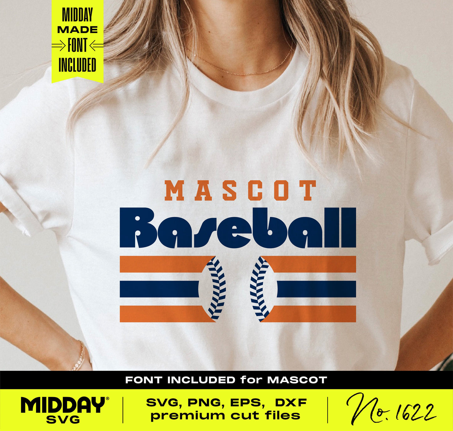 Woman wearing t-shirt with modern geometric baseball SVG design in vintage 1970s style, suitable for DIY crafts and decor projects.