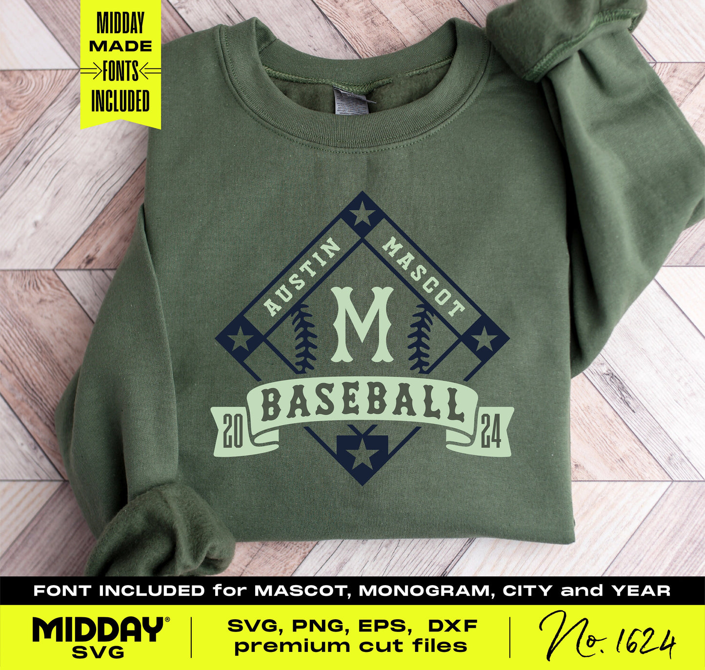 Green sweatshirt featuring a customizable baseball diamond design with team name, stars, and trees. Includes SVG, PNG, EPS, DXF files.