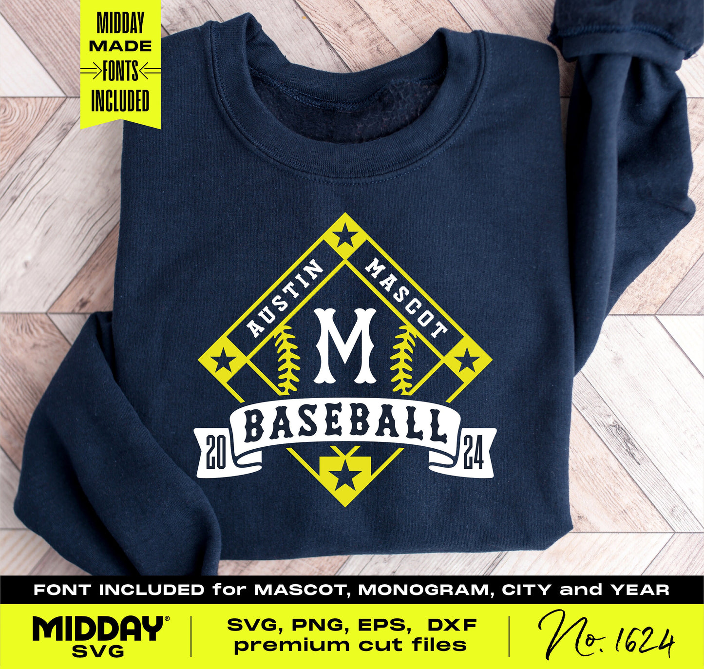 Navy sweatshirt with a baseball diamond SVG design, mascot monogram, and customizable fonts by Midday SVG for crafts and apparel.