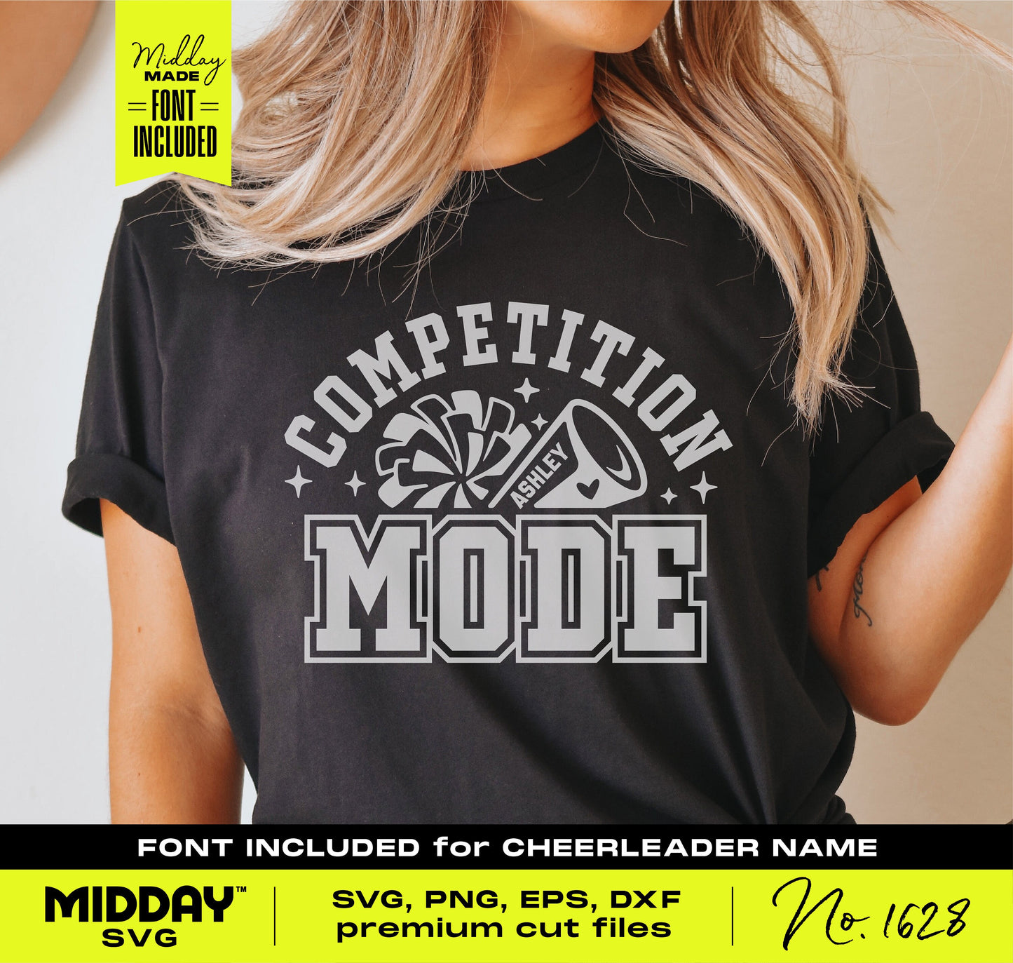 Competition Mode Cheer SVG design on a black shirt with collegiate typography, featuring pom-poms and megaphone for cheer enthusiasts.