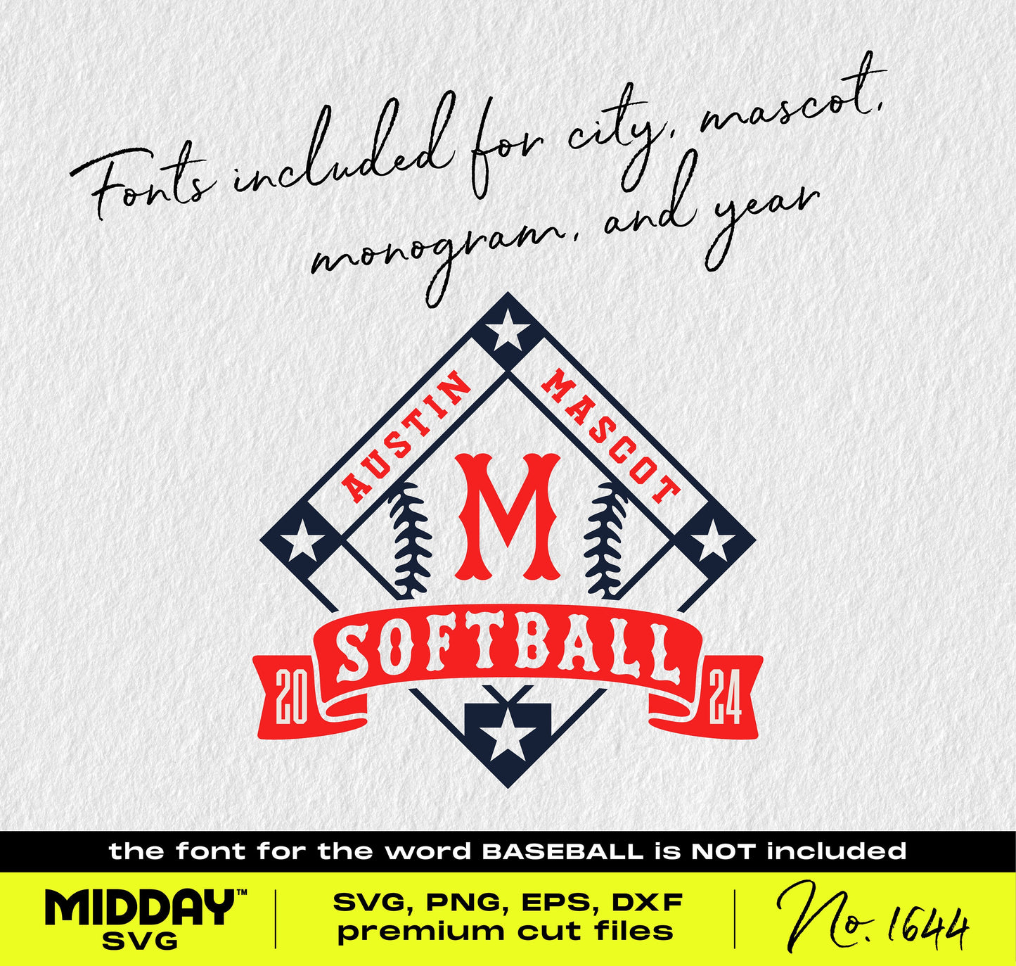 Customizable softball diamond banner SVG with fonts for city, mascot, monogram, and year. Ideal for team shirts and gifts.