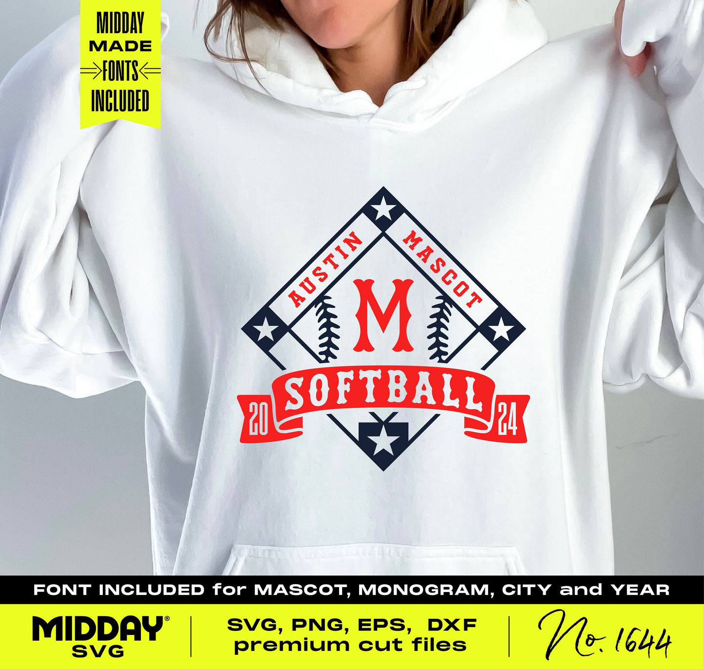 Customizable softball diamond banner SVG on hoodie, perfect for team shirts with personal fonts for monogram, city, and year.