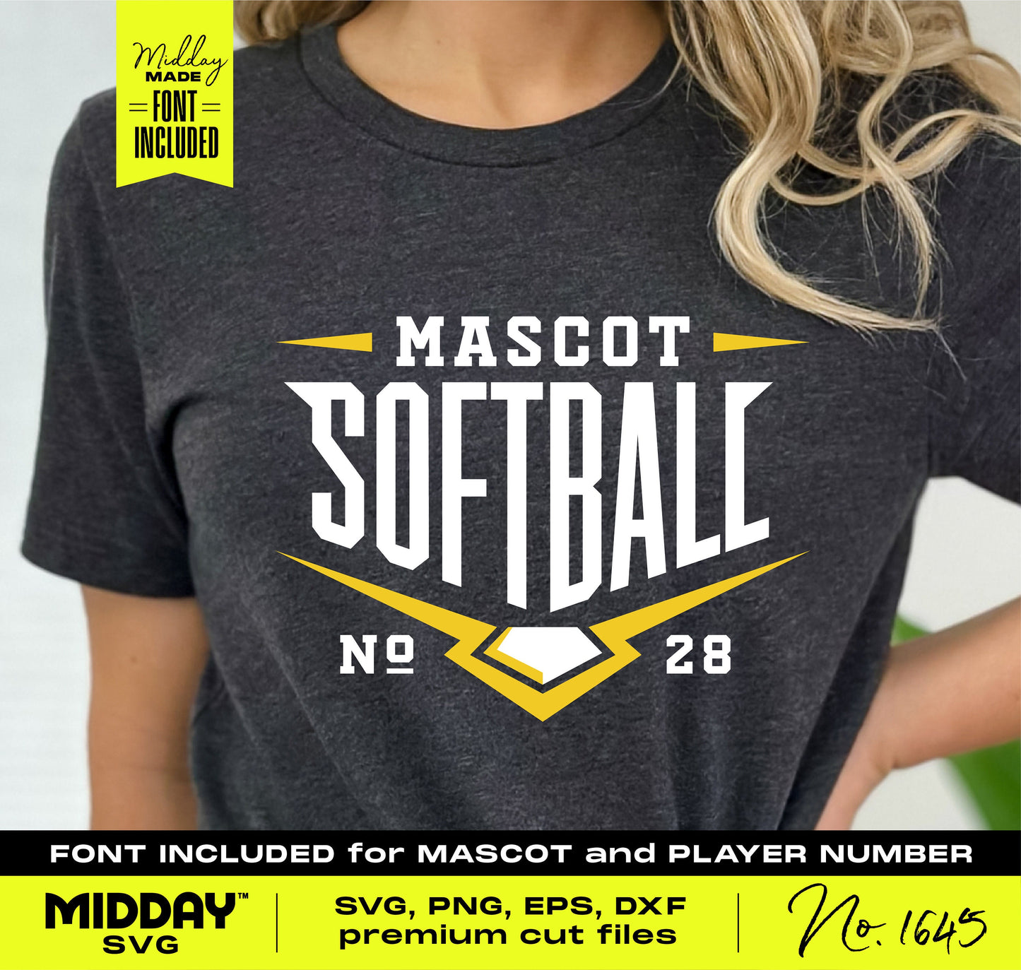 Person wearing t-shirt with "Mascot Softball" design, featuring a custom font for team mascot and player number, perfect for DIY projects.