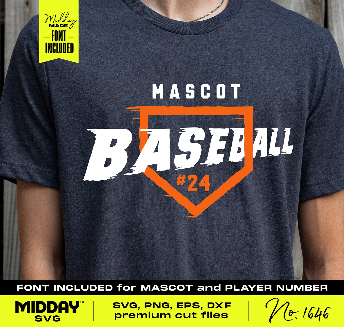 T-shirt displaying custom baseball design with home plate, SVG and PNG available for download, with font for mascot and player number.