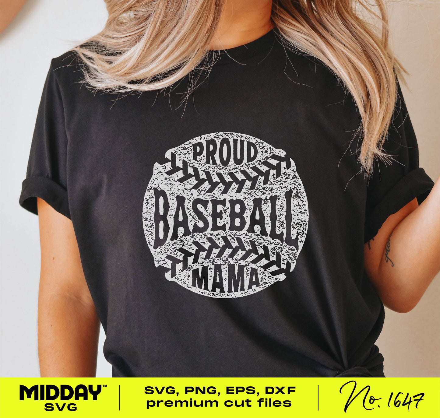 Woman wearing black t-shirt with 'Proud Baseball Mama' design in white, part of digital SVG/PNG download for baseball moms.