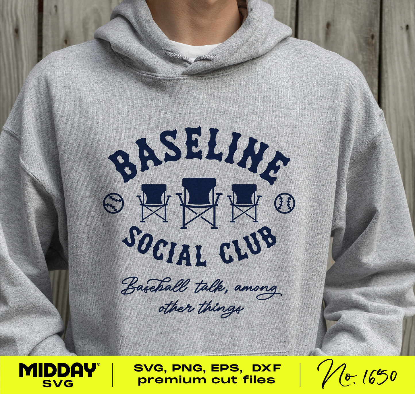 Gray hoodie with Baseline Social Club funny baseball design for DIY projects, available in SVG, PNG, EPS, DXF formats.