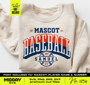 DIY customizable baseball team SVG PNG design on a sweatshirt, featuring font for mascot, player name, and number customization.