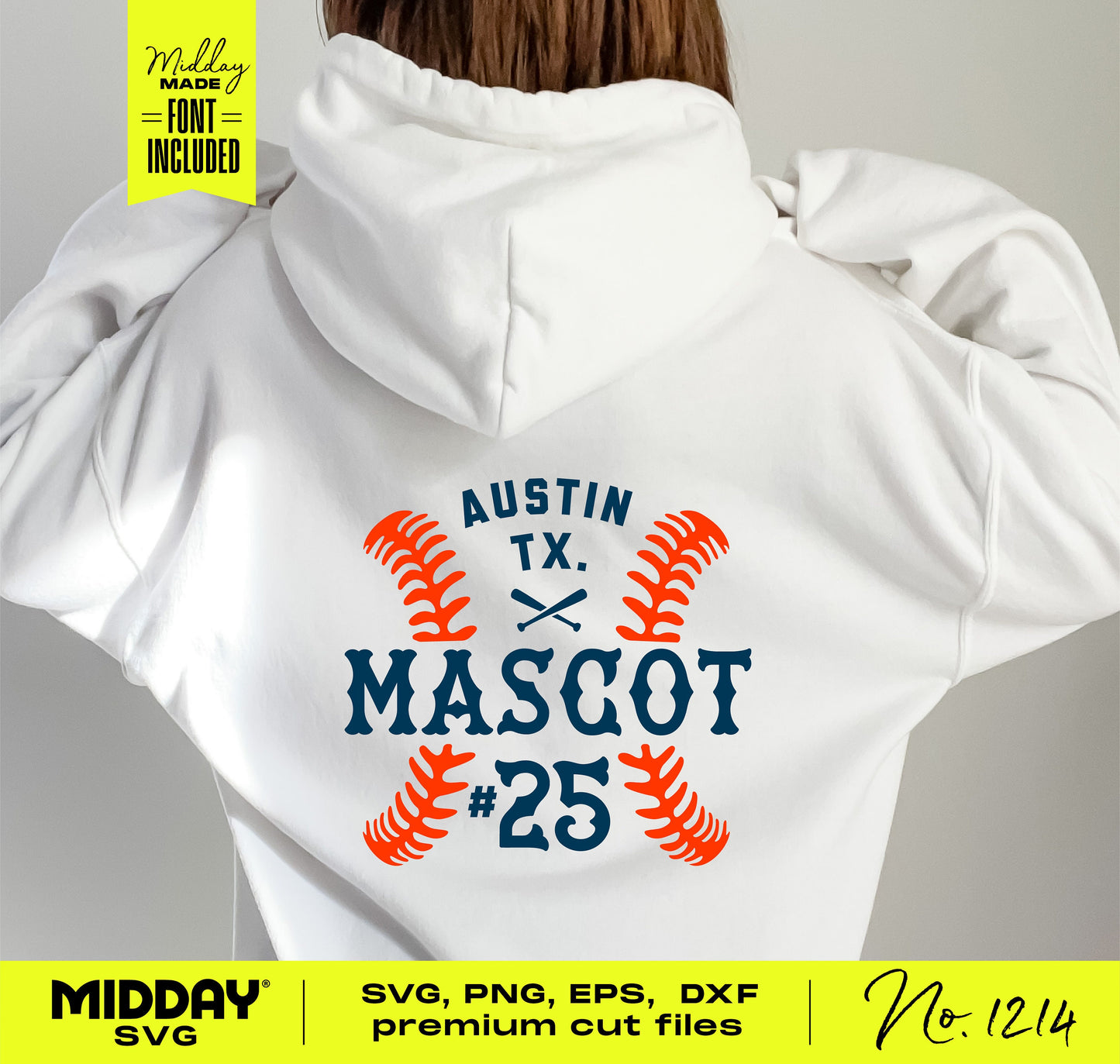 White hoodie featuring customizable softball team logo design with text 'Austin TX Mascot #25', suitable for Cricut and DIY projects.