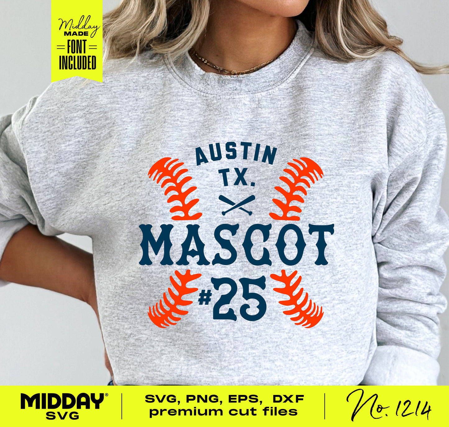 Person wearing sweatshirt with customizable softball team design template featuring bat and ball graphic, includes SVG, PNG, EPS, DXF files.