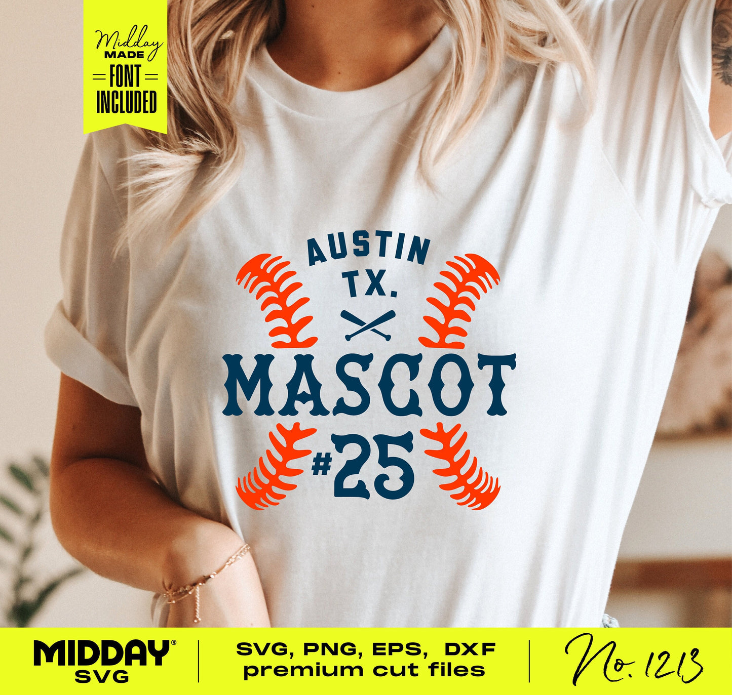 Woman wearing a white t-shirt with customizable baseball team design, featuring 'Austin TX Mascot #25' in SVG, PNG, EPS, DXF formats.
