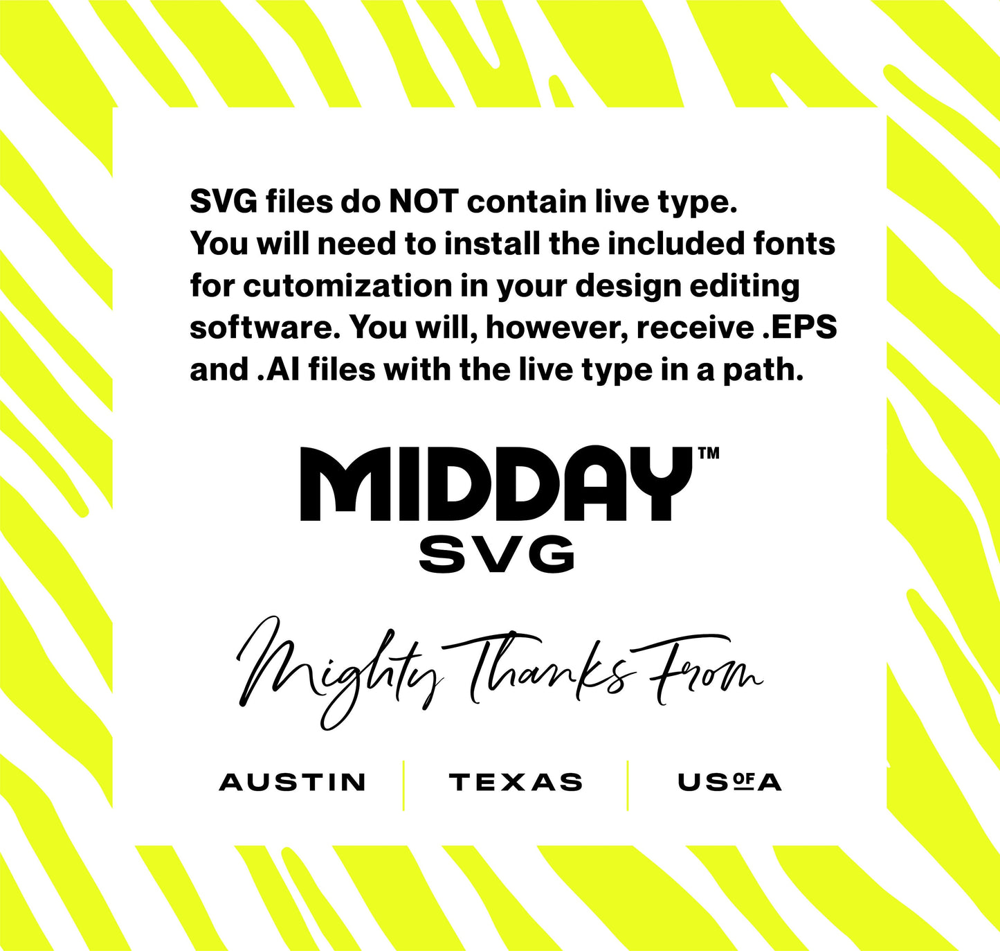SVG editing instructions and Midday SVG logo with design details, emphasizing font customization for Austin, Texas, USA.
