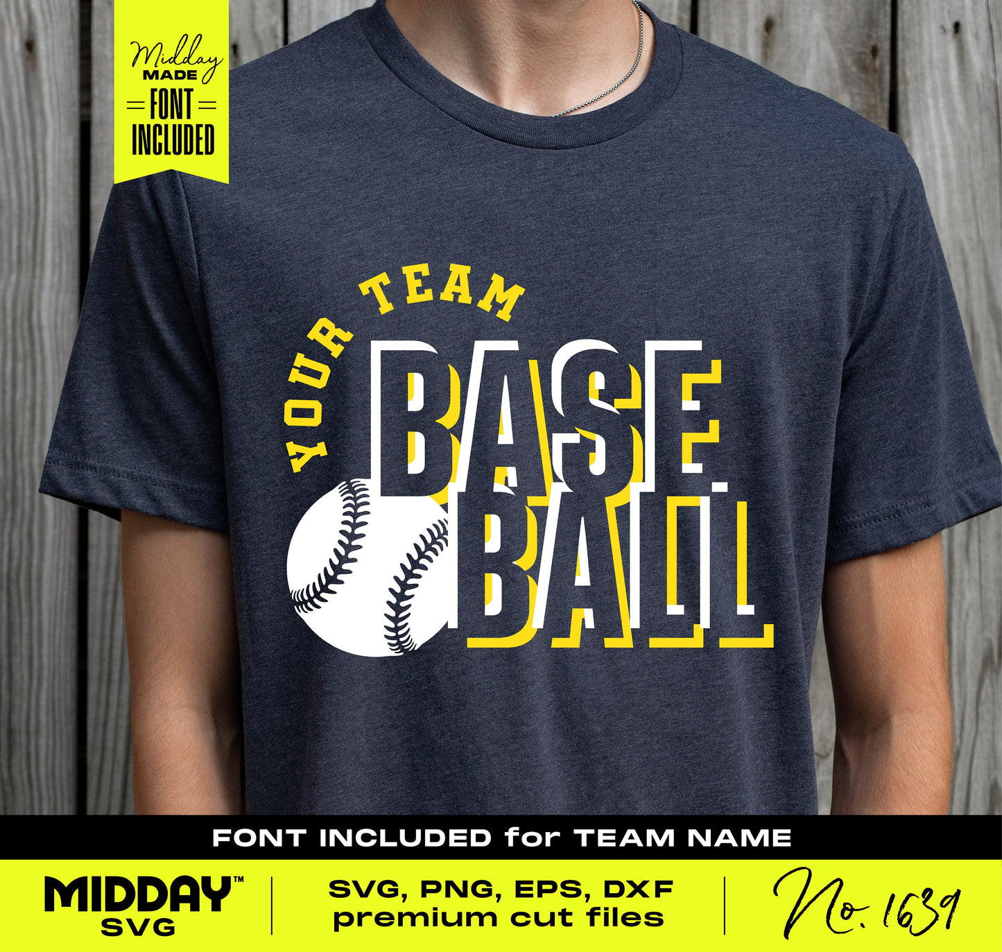 Customizable sporty baseball SVG template with a bold team name font, perfect for team merchandise and apparel.